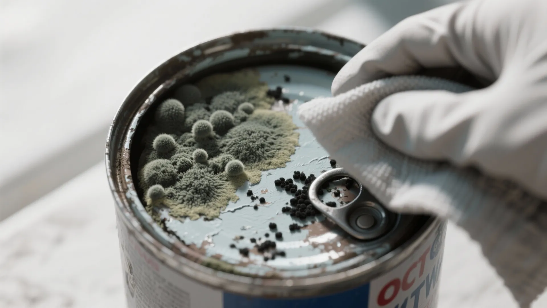Macro close-up of fuzzy mold and black specks growing on the surface of old paint in a can.