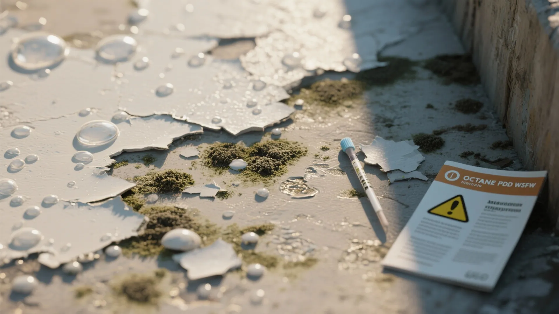 Peeling wall paint with water drops green moss a test tube and a warning paper