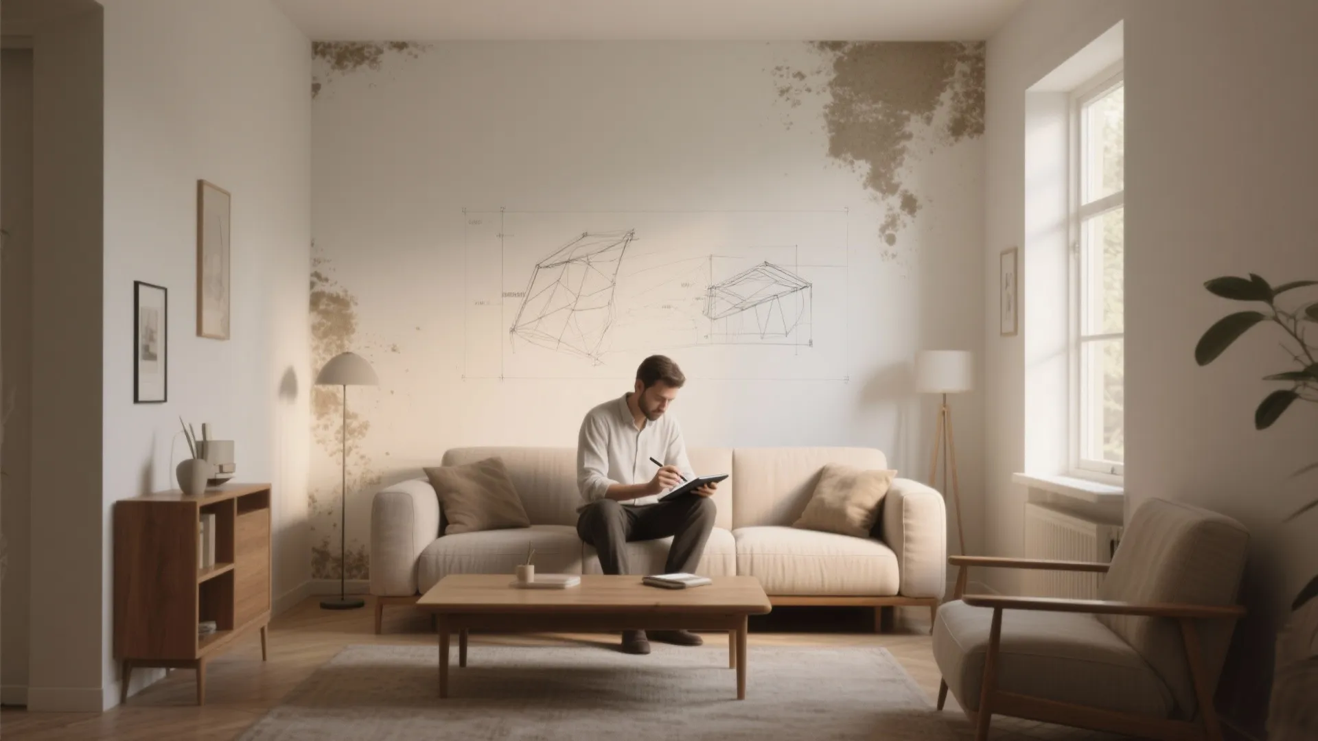 Man sitting on white sofa in living room with large mold stains on white wall