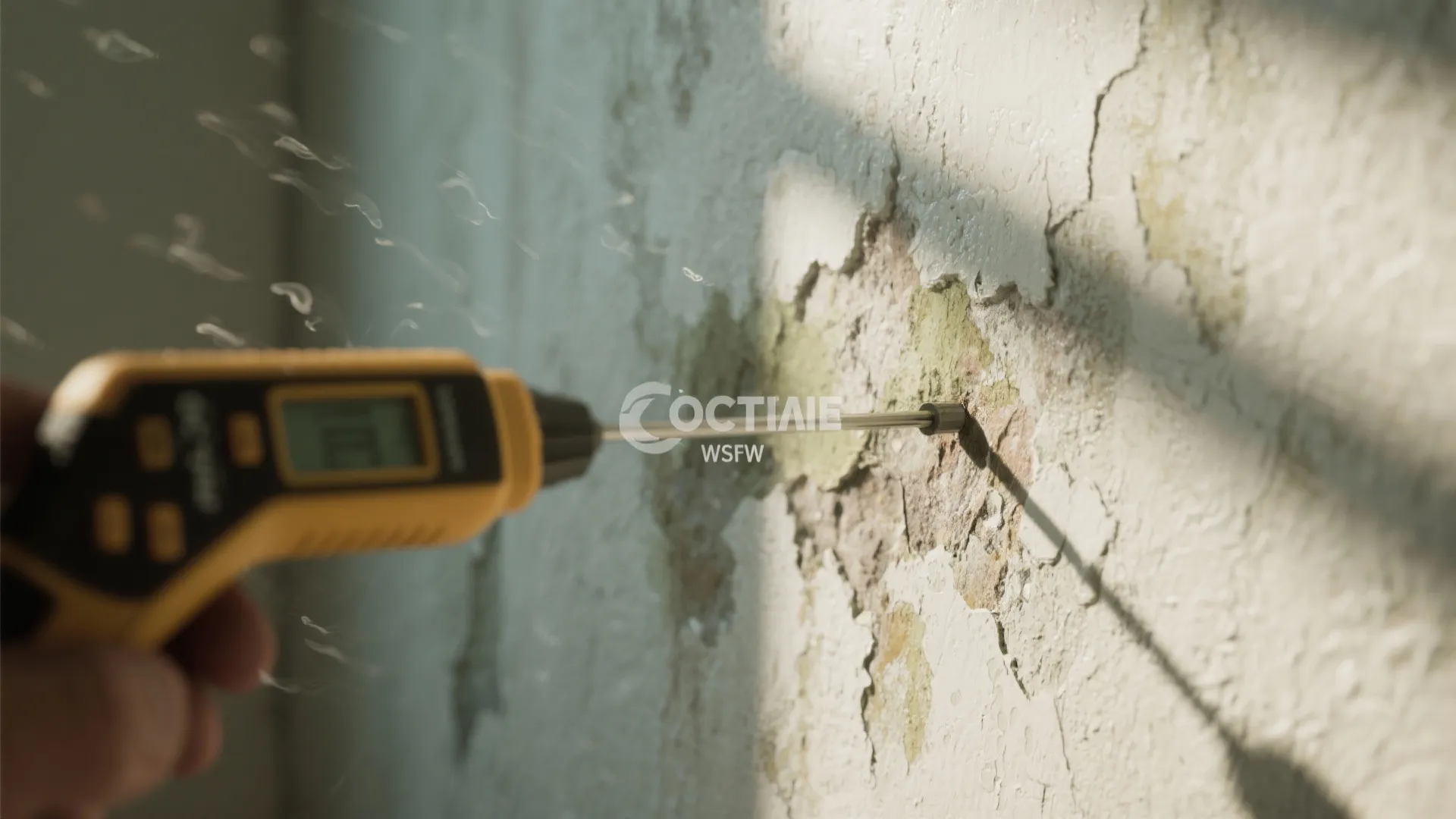 Yellow handheld moisture meter testing a damp wall with peeling paint and visible mold damage
