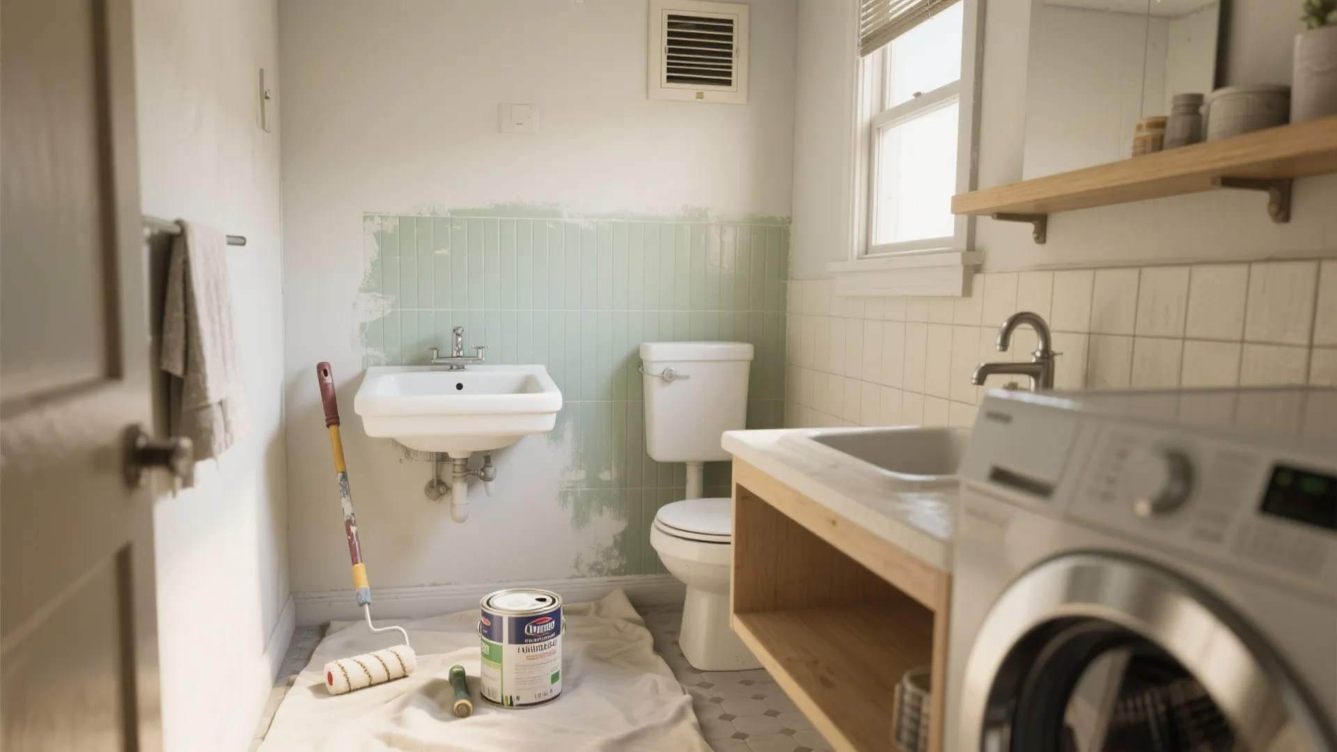 Small white bathroom with light green wall paint project including sink toilet and painting tools
