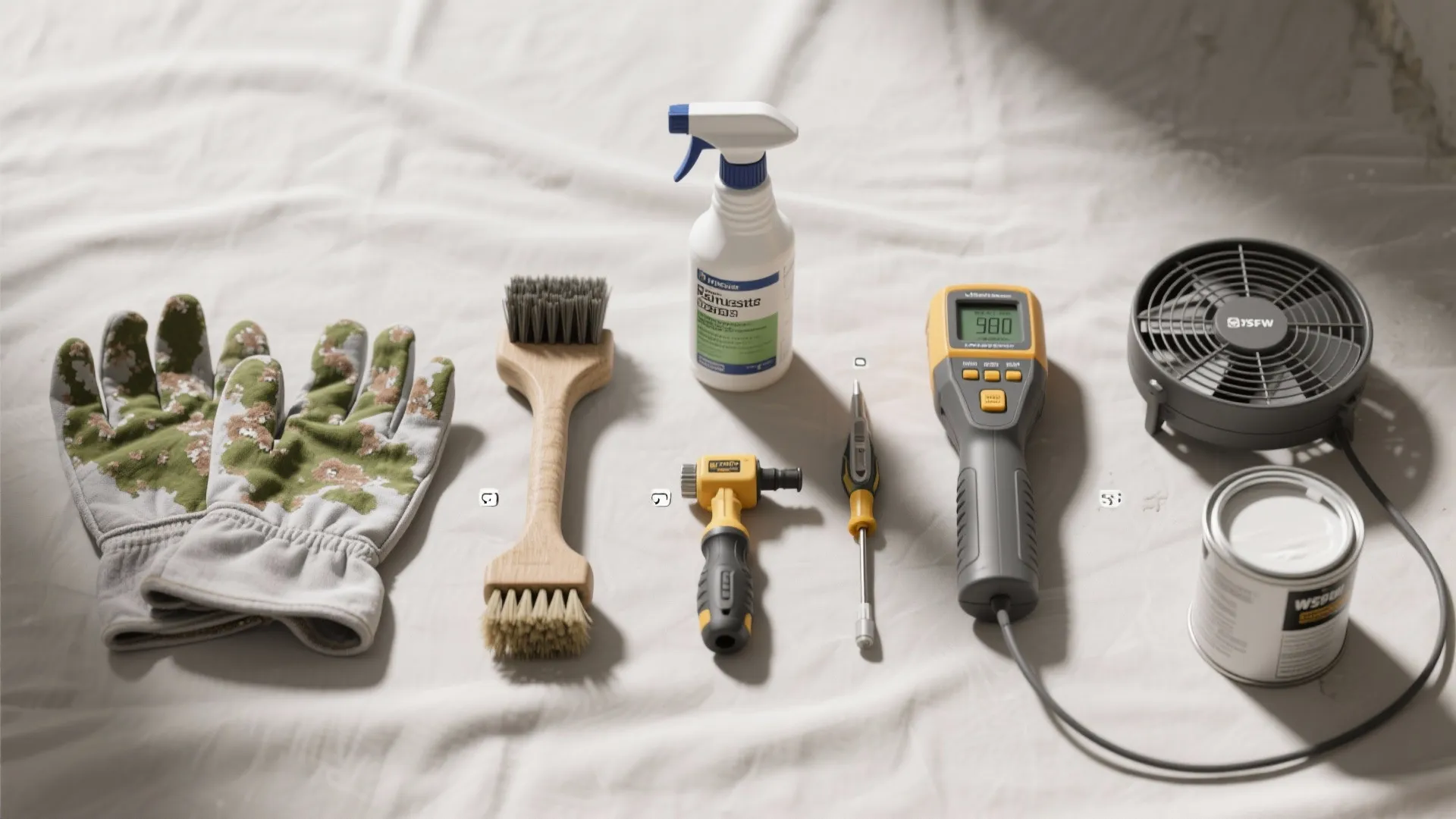 A row of cleaning supplies including spray bottle brushes gloves a small fan and paint