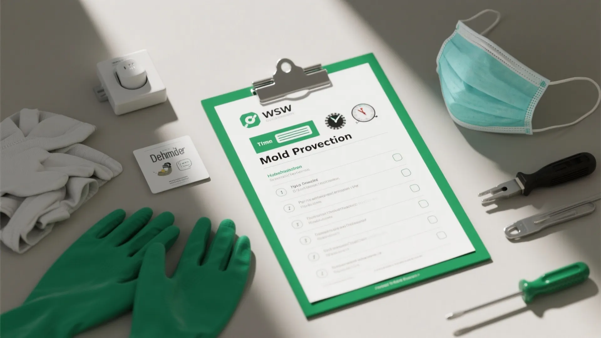 Green clipboard checklist for mold protection with mask gloves and tools on a grey surface