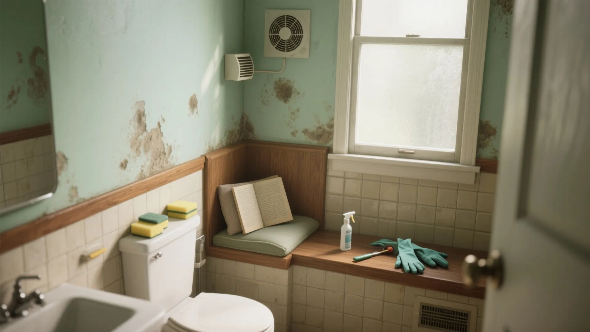 Bathroom with moldy green walls showing toilet window cleaning spray and a pair of gloves