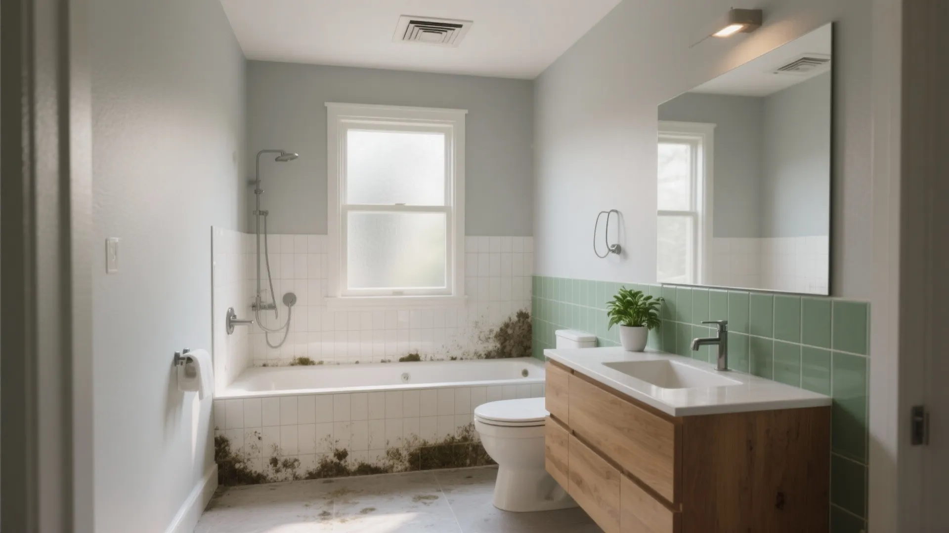 Modern bathroom featuring white bathtub with mold on tiles near wooden cabinet and white toilet