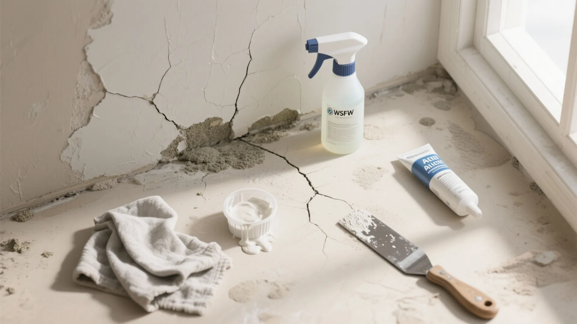 Repairing a cracked white wall with spray bottle wall filler scraper and white cleaning cloth