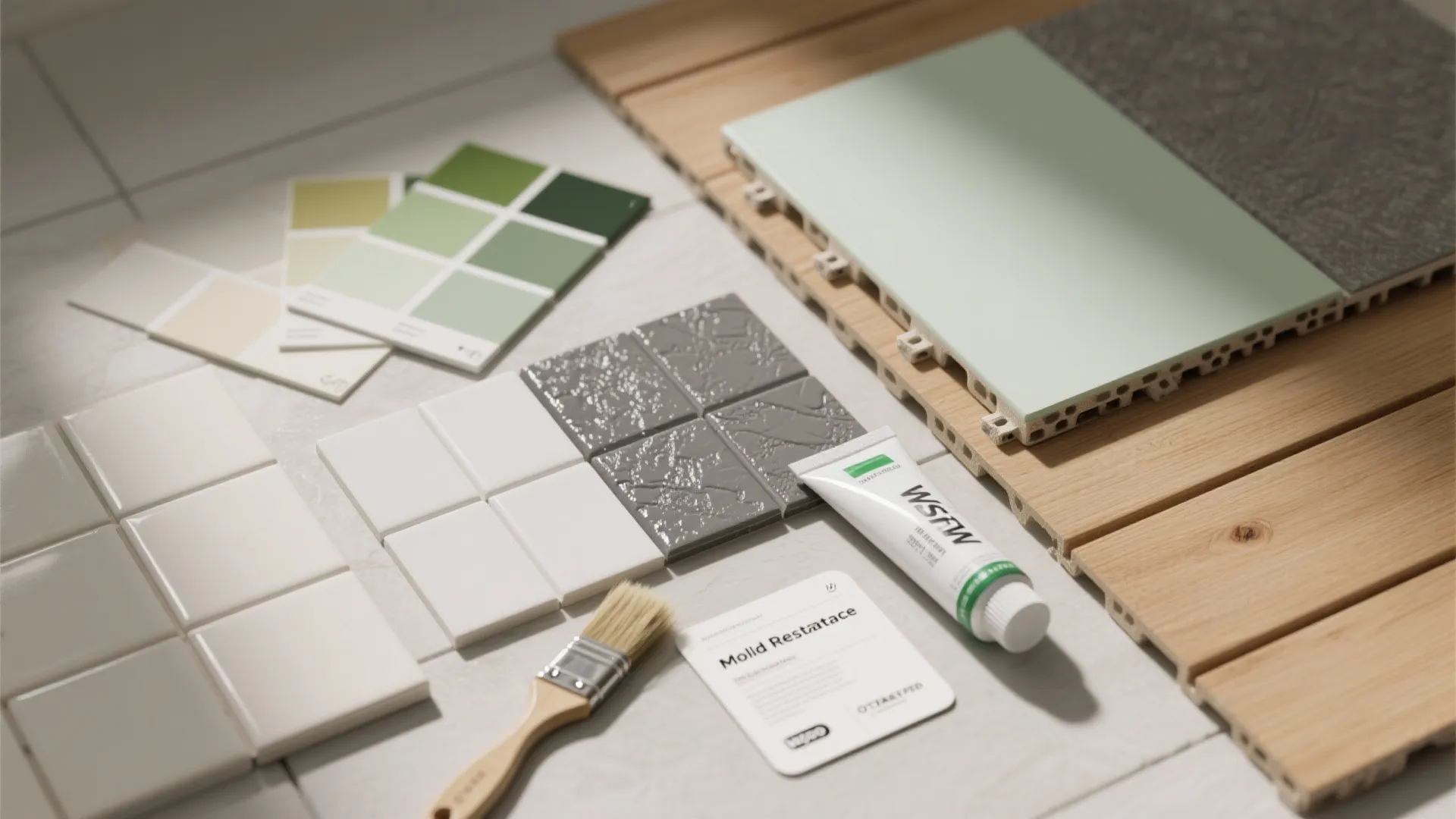 Flatlay of mold-resistant paint swatches, tile samples, waterproof panel, and application tools.
