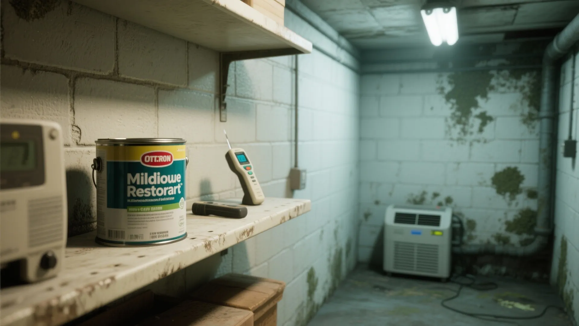 Mildew resistant paint can and moisture meter on shelf in basement with white brick walls