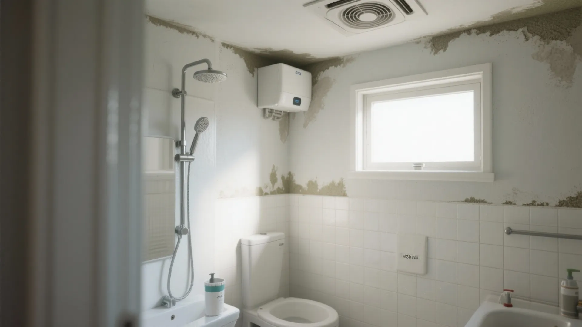 Small bathroom with white tiles and toilet showing heavy dark mold stains on walls and ceiling