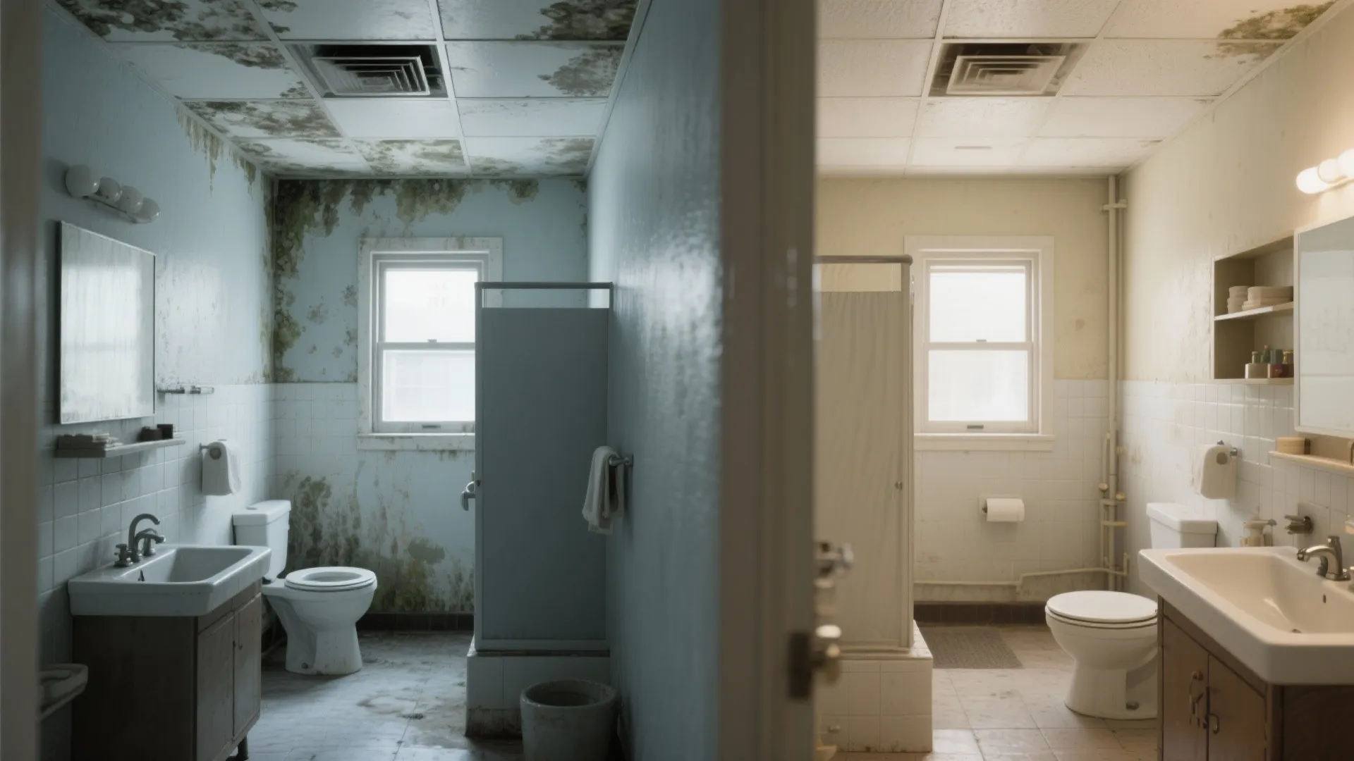 Compact bathroom showing a clean ceiling treated with mold- and mildew-resistant paint.