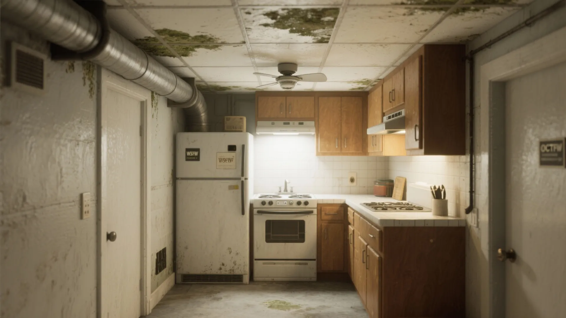 Small kitchen with wooden cabinets and white appliances showing green mold on white ceiling tiles