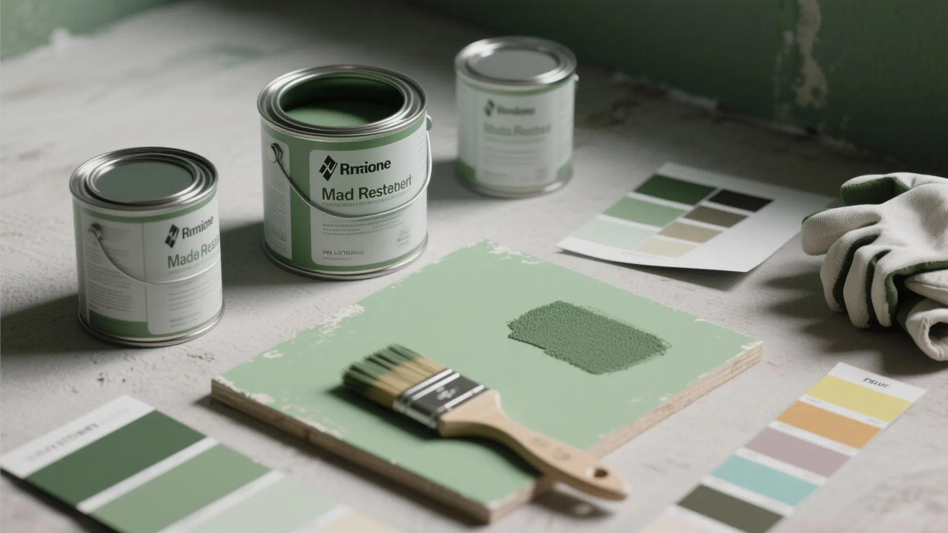 Green paint cans and a brush on a wooden board with color swatches and gloves