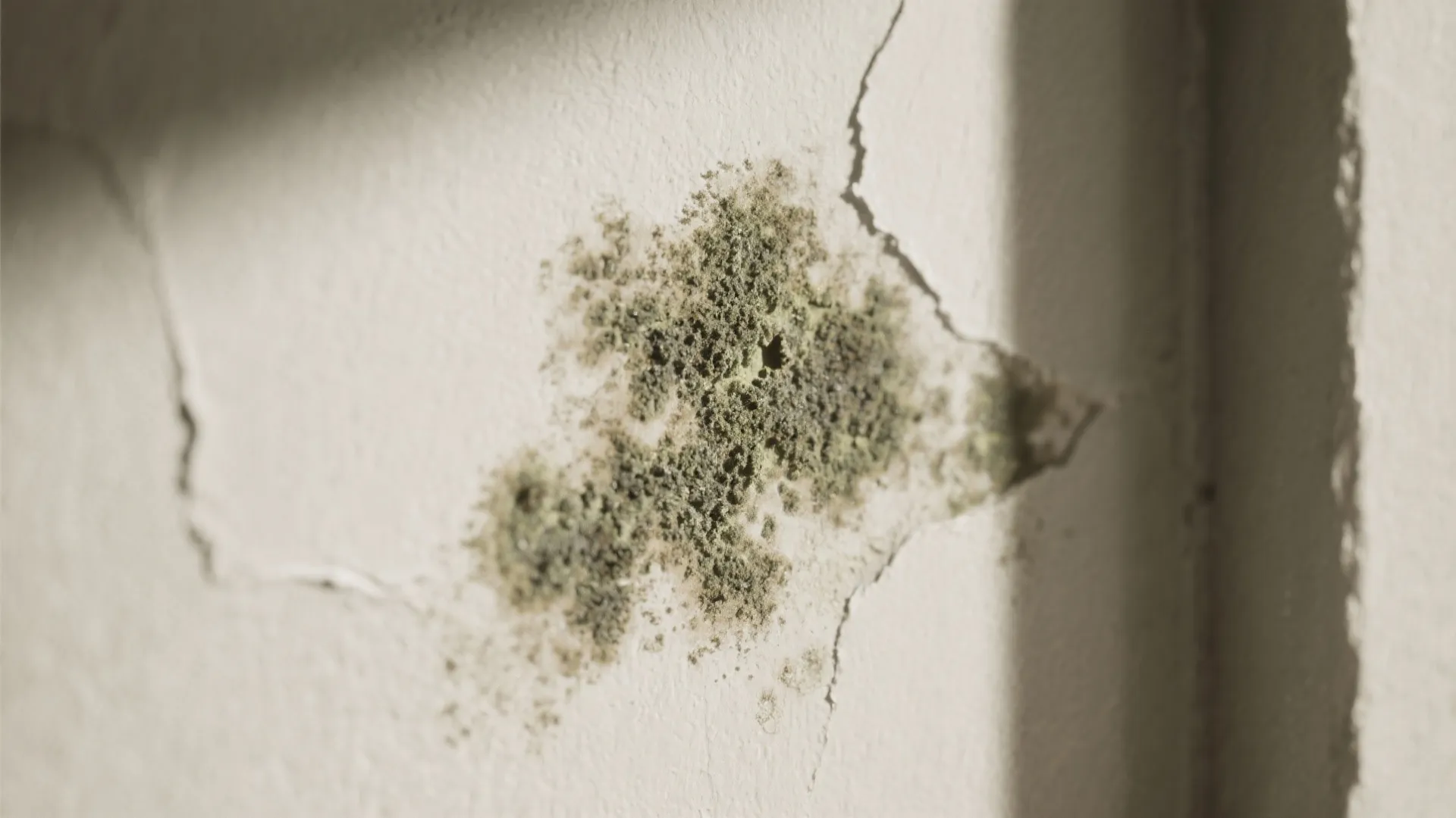 Dark green mold stain growing on a white interior wall with a visible long crack
