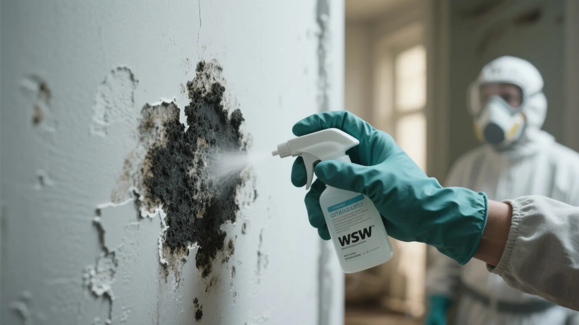 Professional worker spraying chemical treatment on black mold patch on white wall wearing safety mask