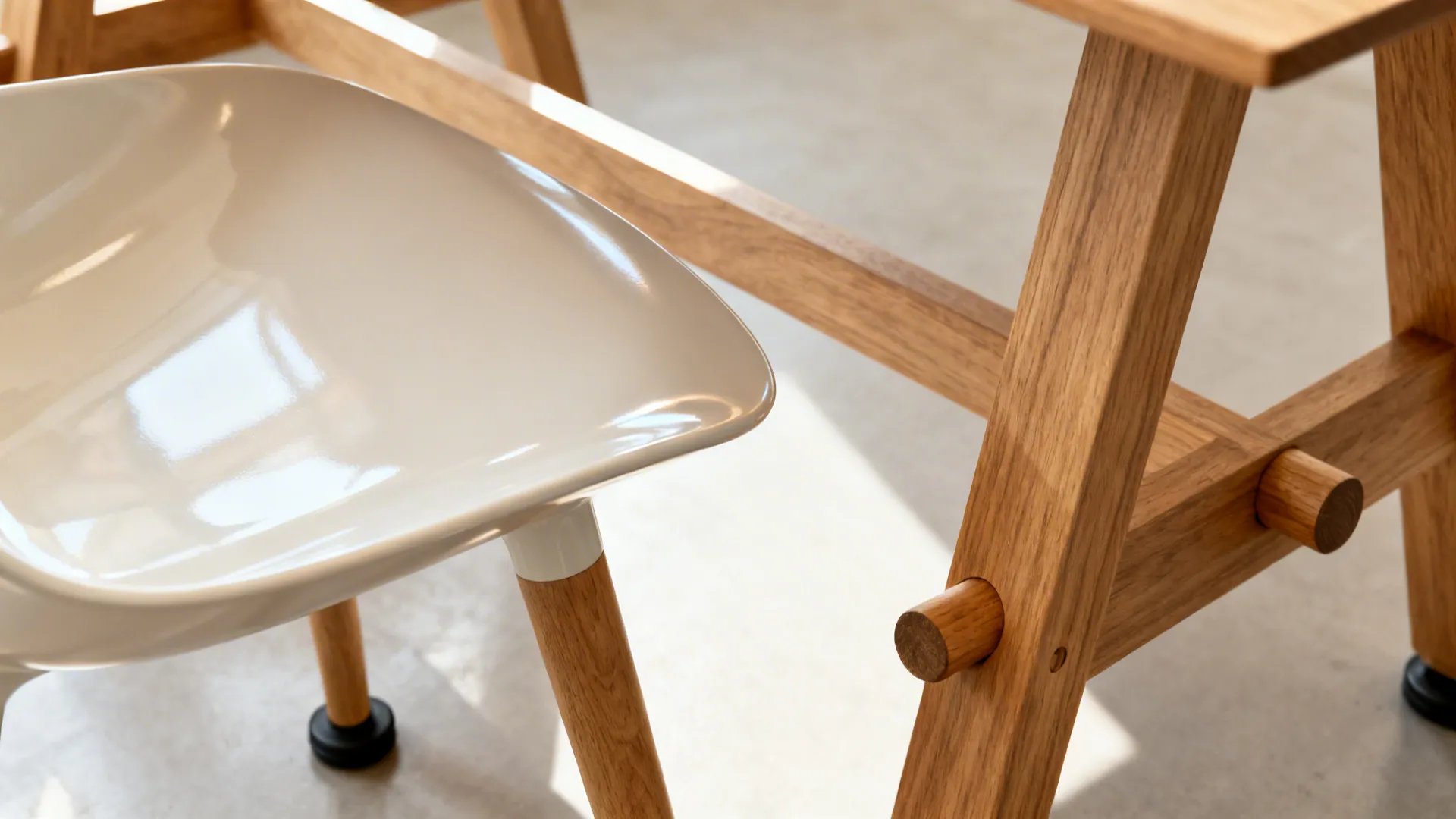 Close-up of molded shell chair dowel leg near a wooden trestle stretcher showing precise clearance.