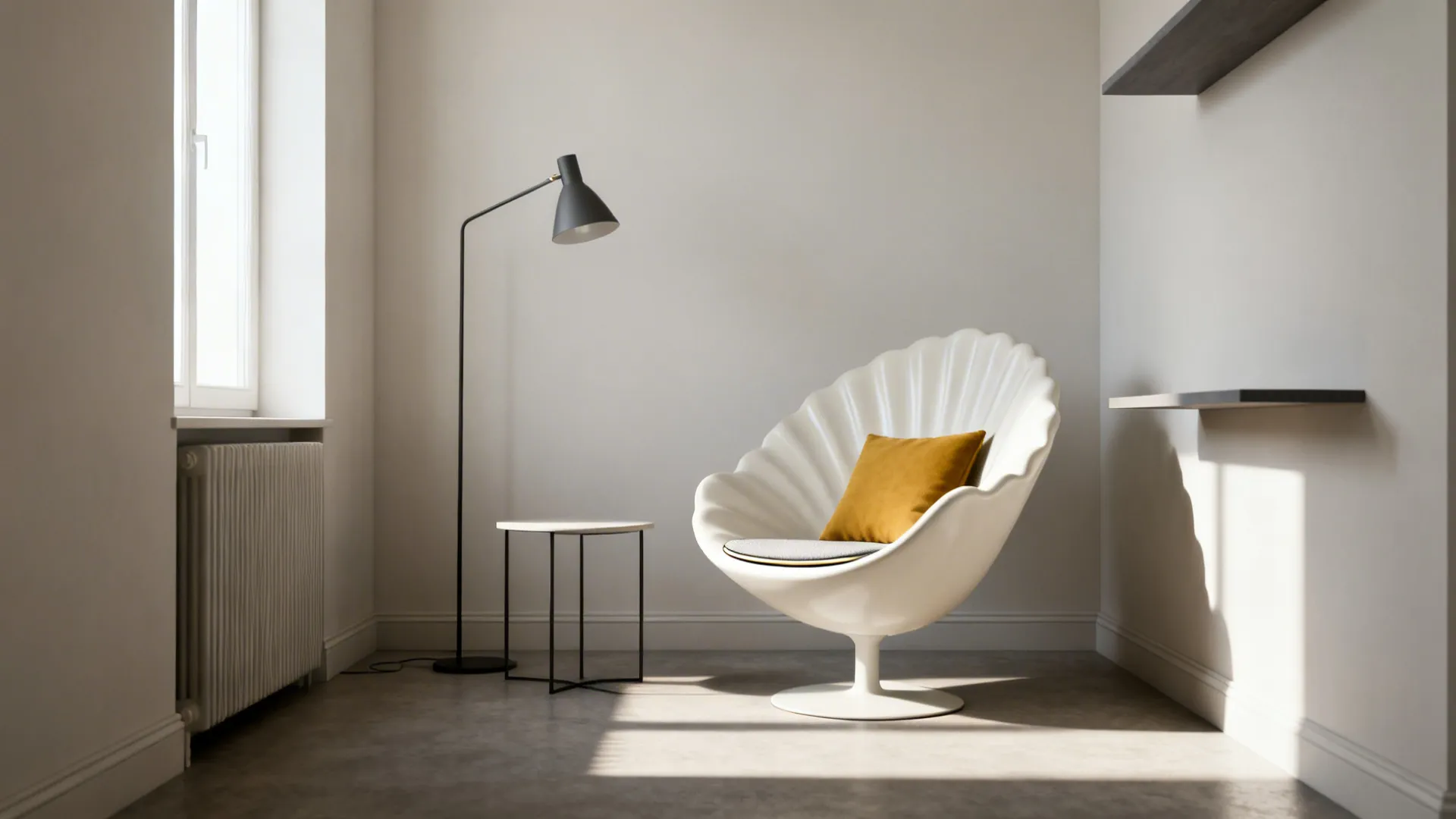 Molded shell chair in a small apartment corner with a thin seat pad and minimal decor.