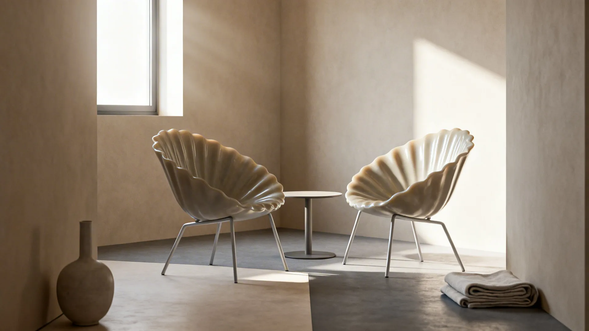 Small conversational nook with two molded shell chairs and a side table in a tight living room