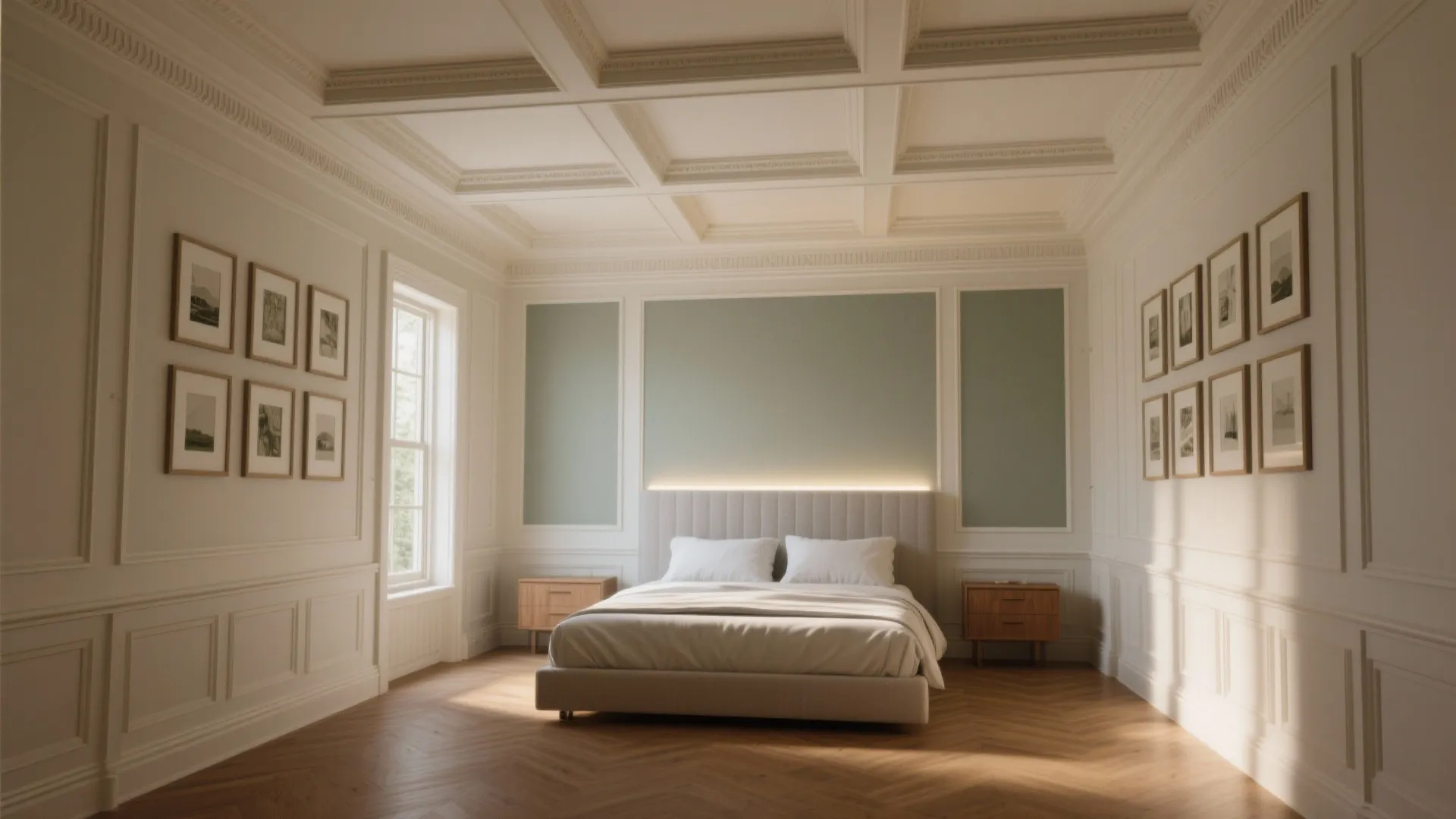 Elegant bedroom featuring wall panel designs wooden floor gallery wall and a light green wall
