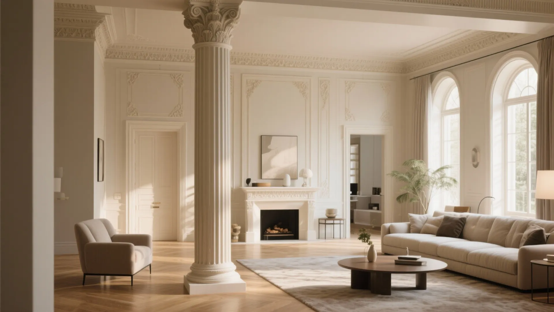Classic living room with decorative white wall panels white fireplace large windows and tall round column