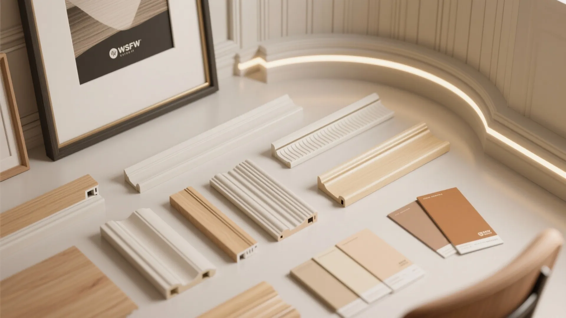 Various interior wall panel samples and color swatches arranged on table for interior design selection