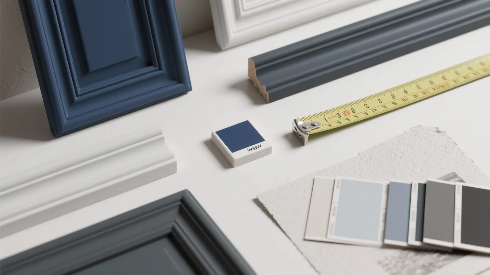 Interior design materials including blue cabinet door samples measuring tape color swatches and white wall panel