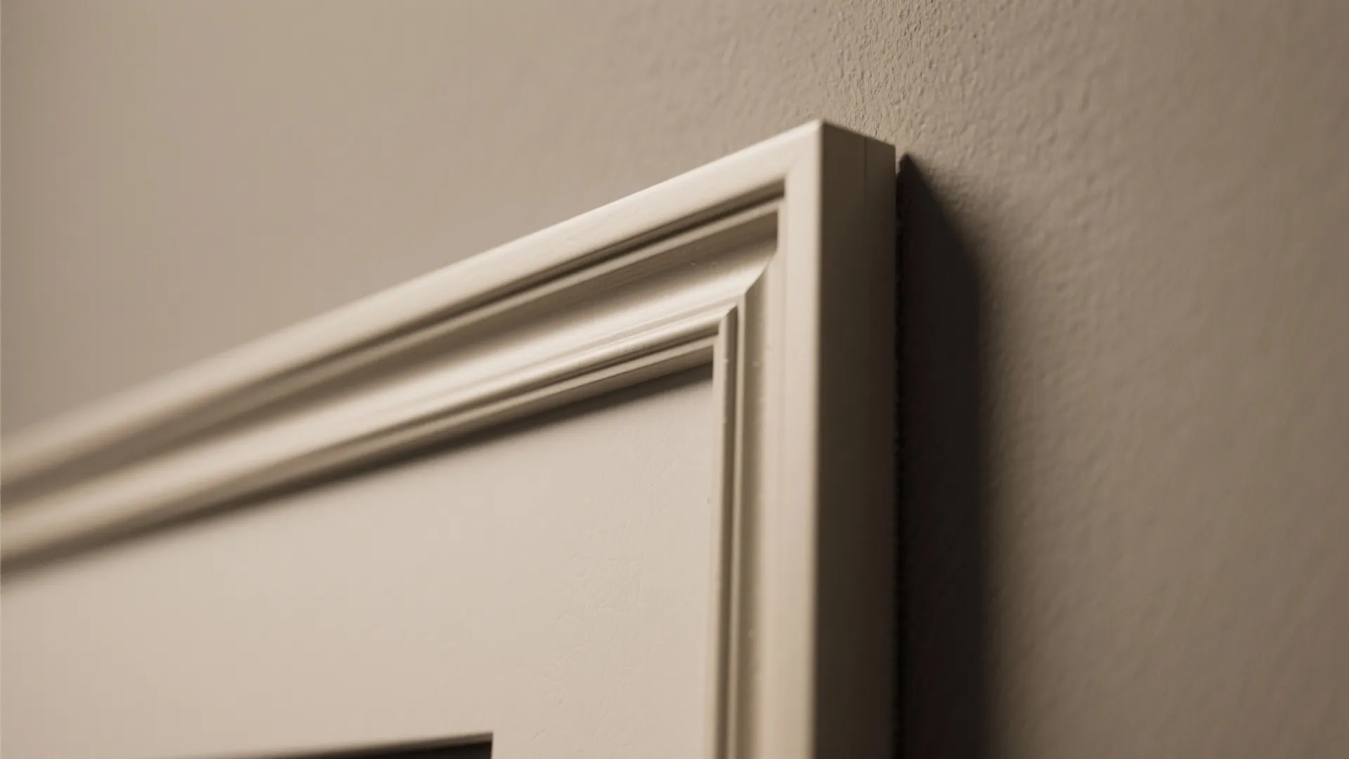 Close up view of white wall panel trim corner against a plain painted room wall