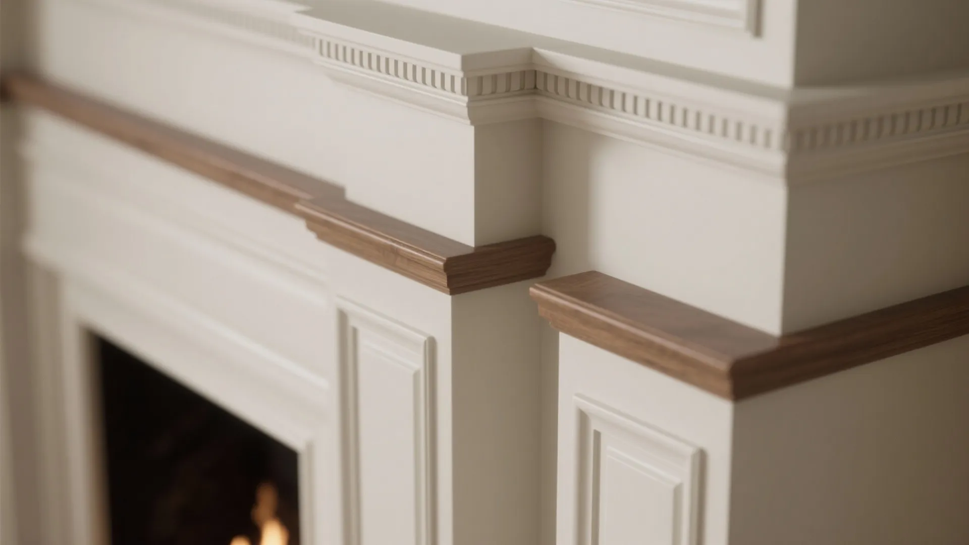 Close up view of white wall panel design with wood trim details on a fireplace