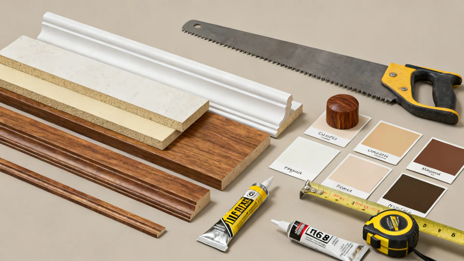 Flatlay of crown molding material samples, paint chips, and tools for selection and planning.