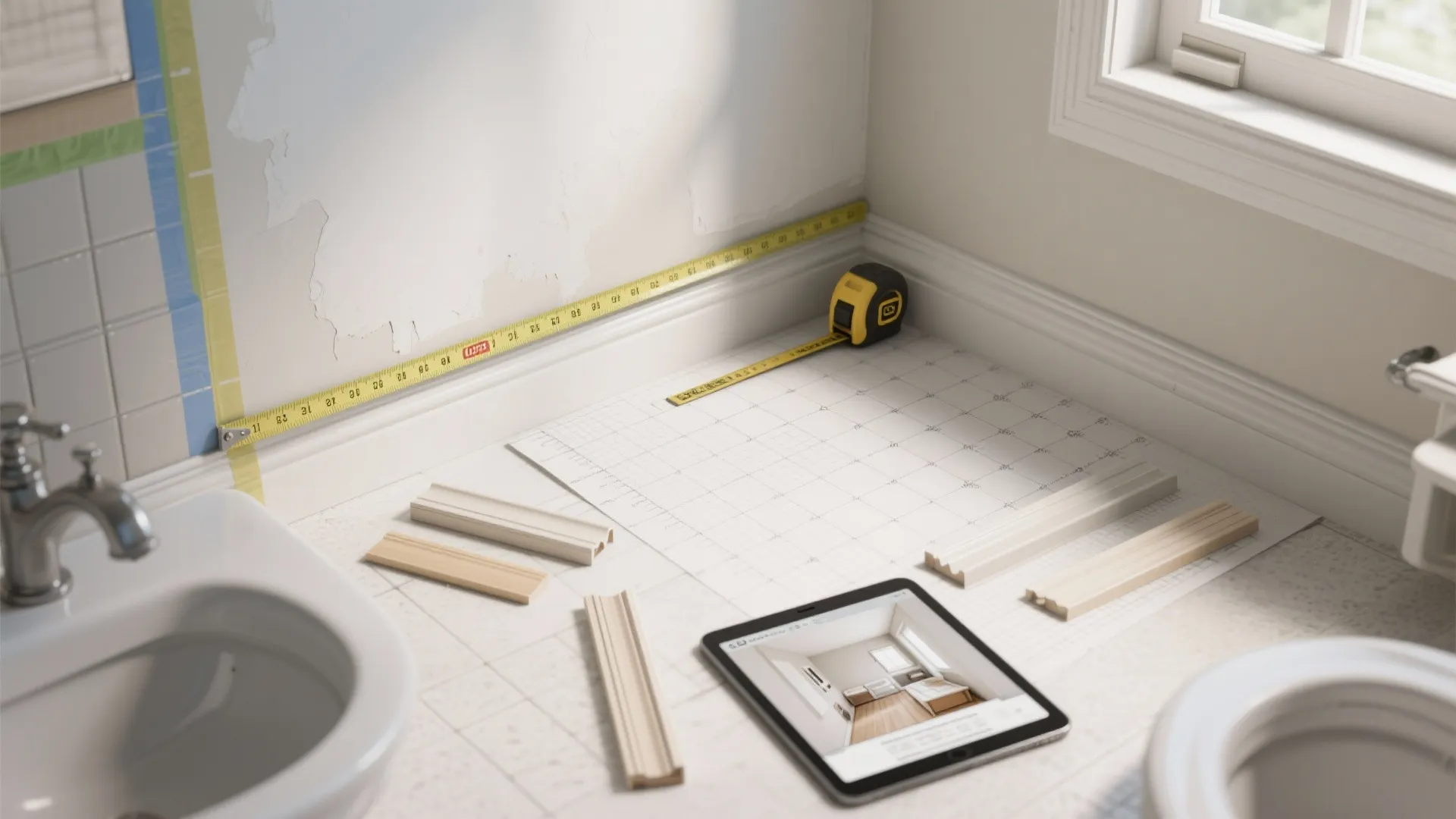 Top-down view of a molding mockup with painter's tape on the wall, measuring tools, and layout sketches for scale checking.