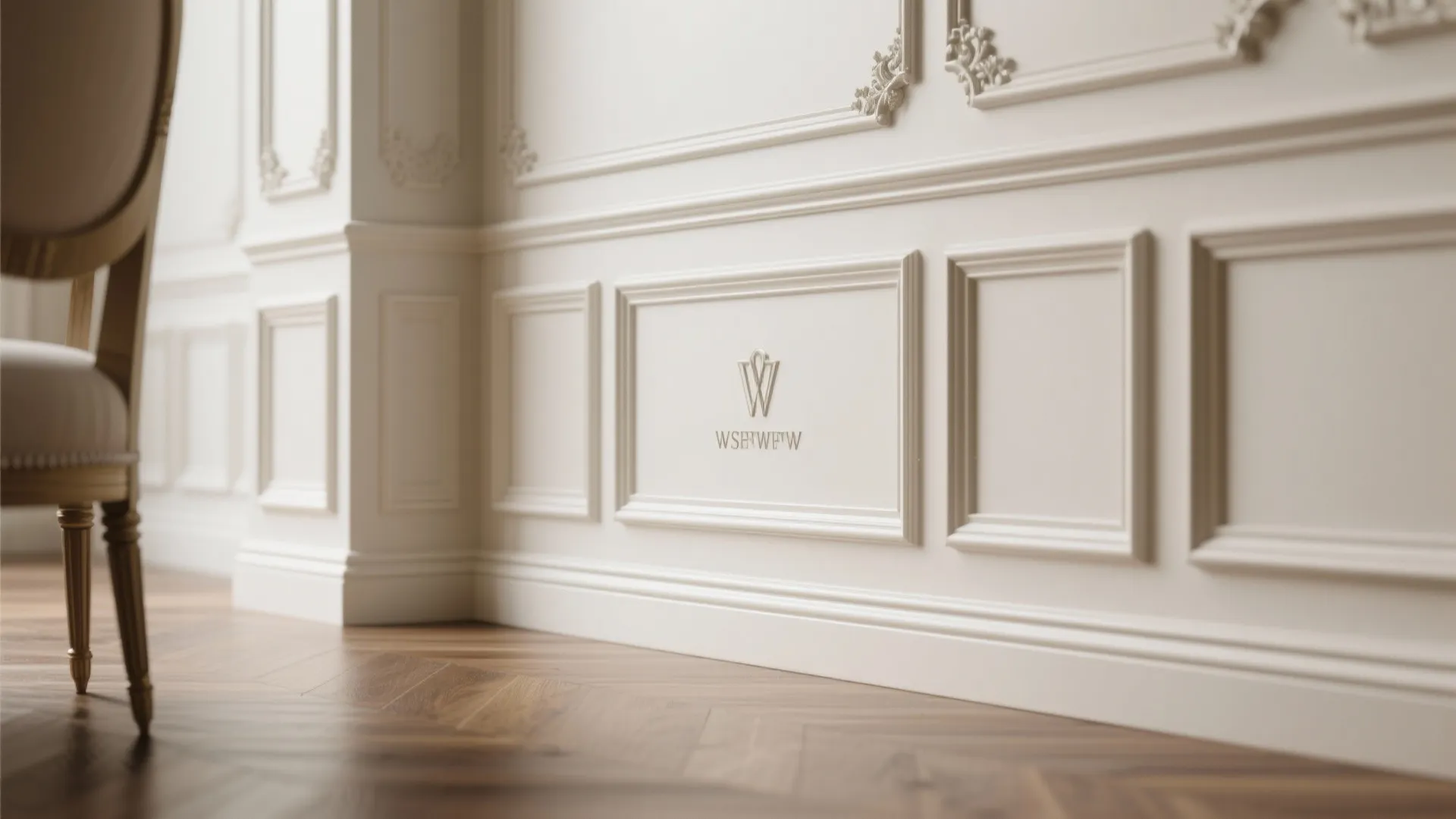 Classic white wall panel design with decorative details above a dark wood floor and chair