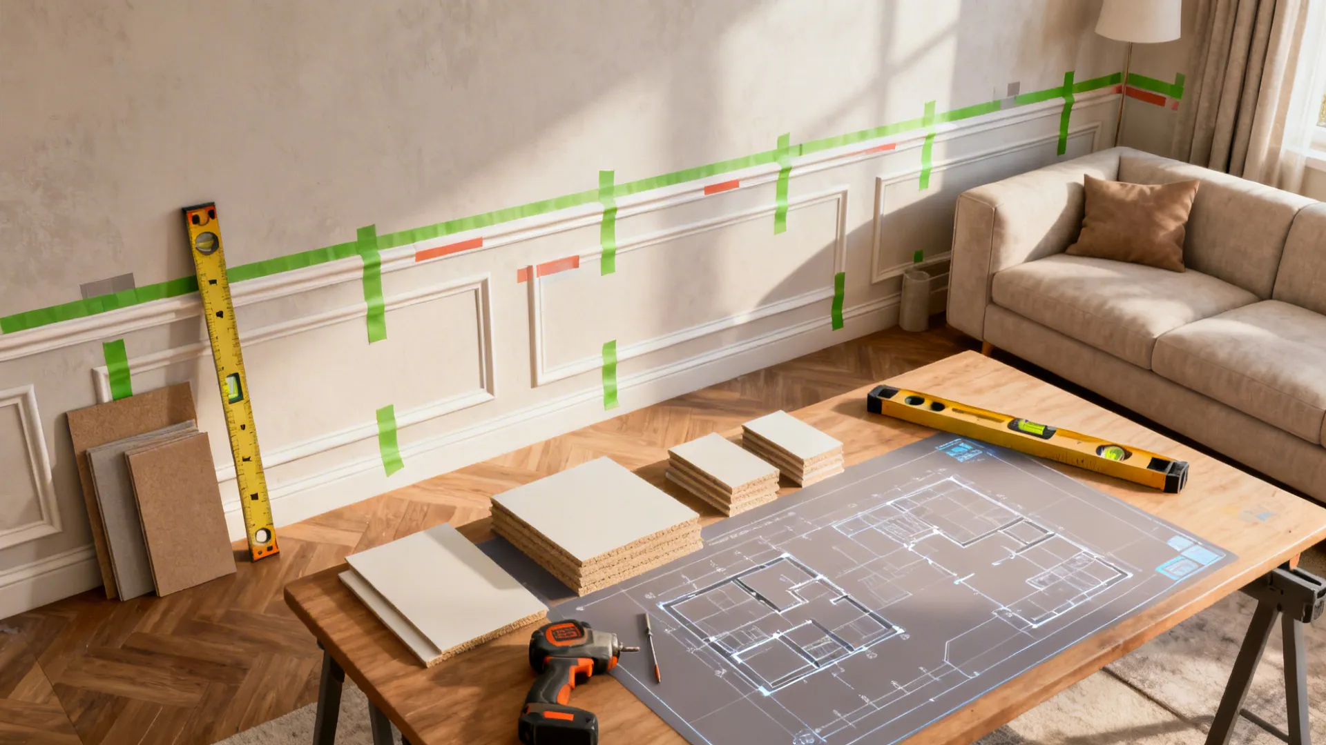 Top-down mockup showing painter's tape layout, measuring tools and MDF samples for molding planning.