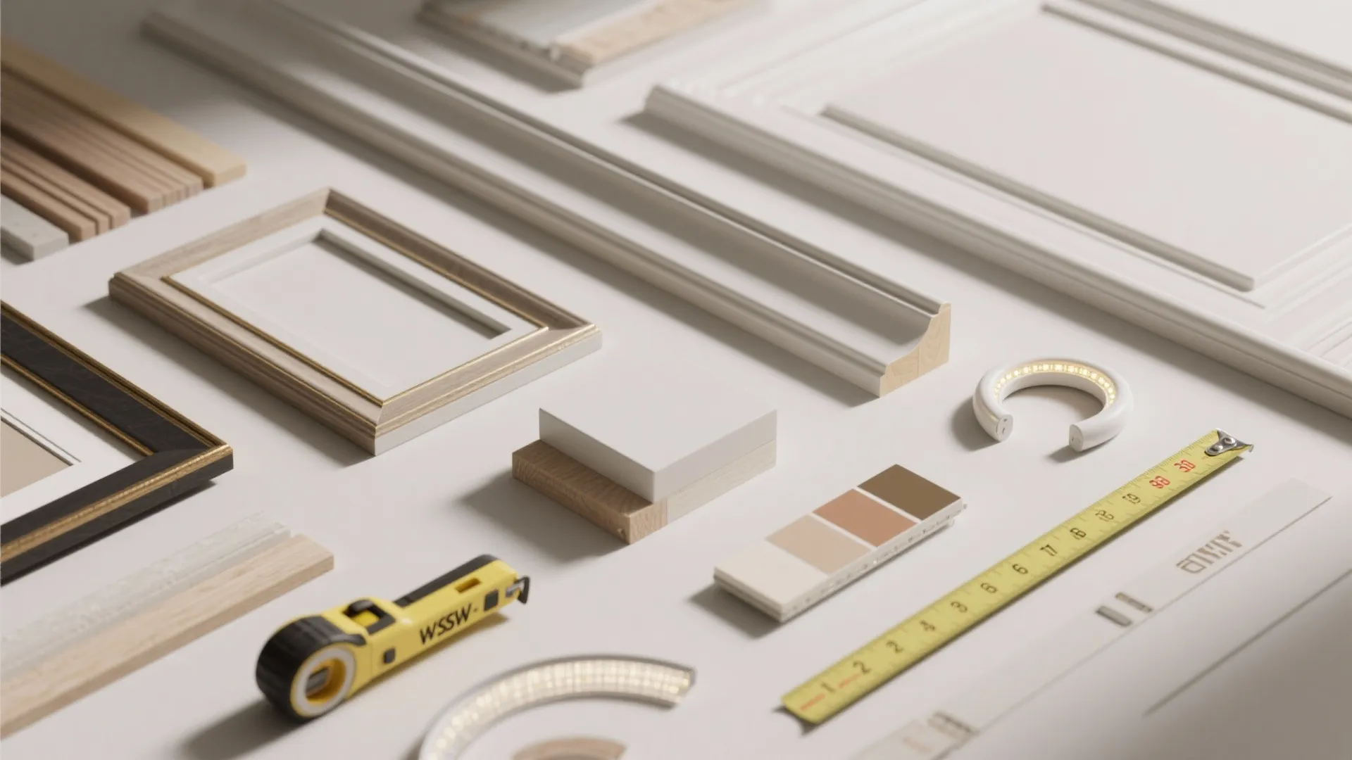 Various white wall panel samples including wood frames and measuring tape for home interior design