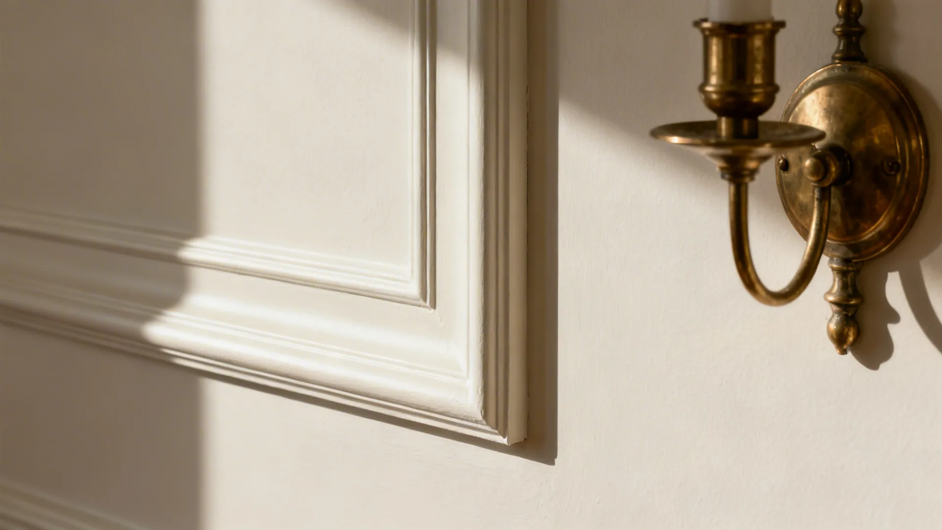 Close-up of slim picture-frame molding with an antique brass sconce on a painted wall.