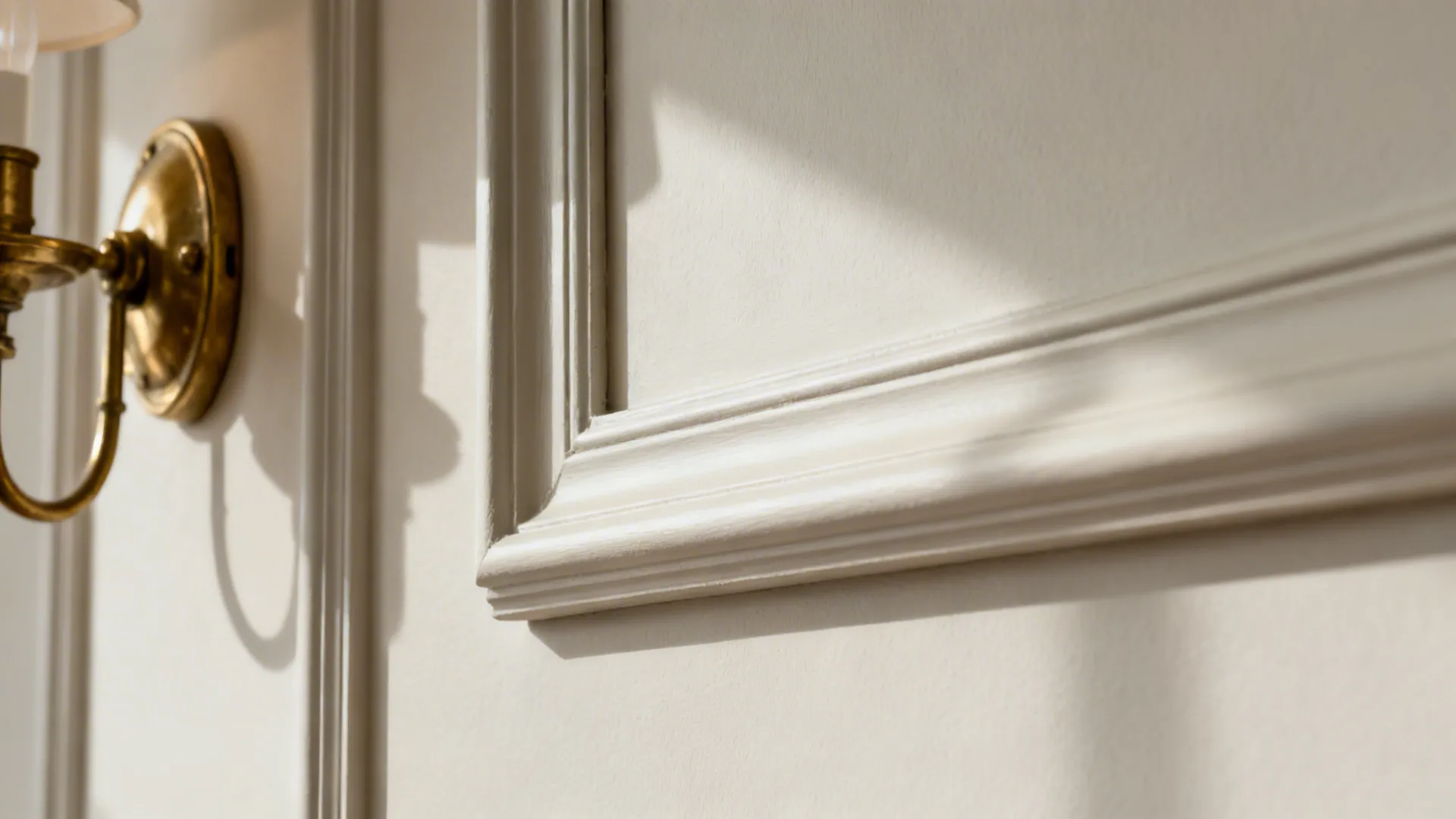 Macro of slim wall molding and an antique brass sconce on a greige wall.