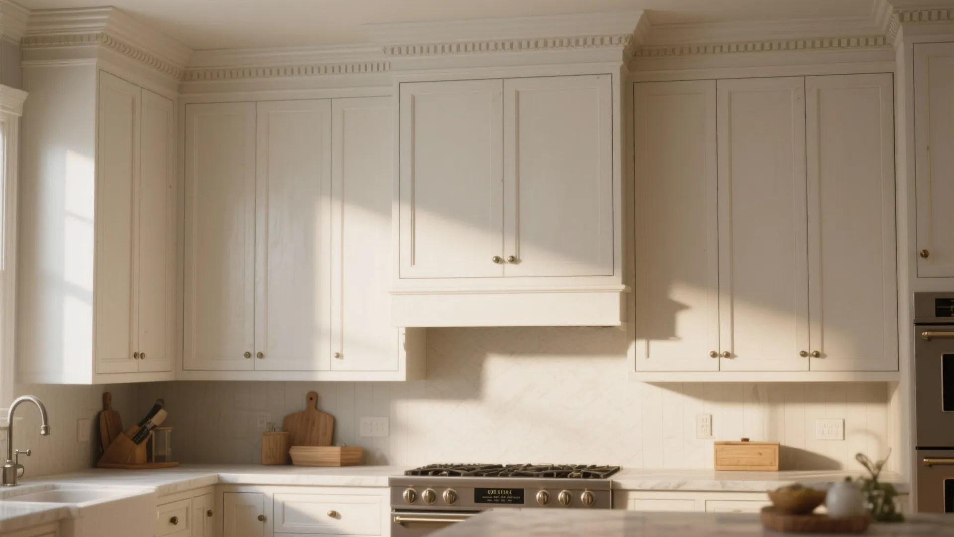 White kitchen cabinets with classic molding above a silver stove and marble countertop in sunlight
