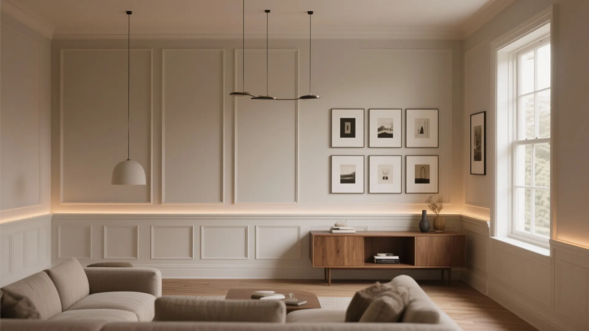 Modern living room with wall panel details wooden cabinet ceiling light and beige sofa furniture setup