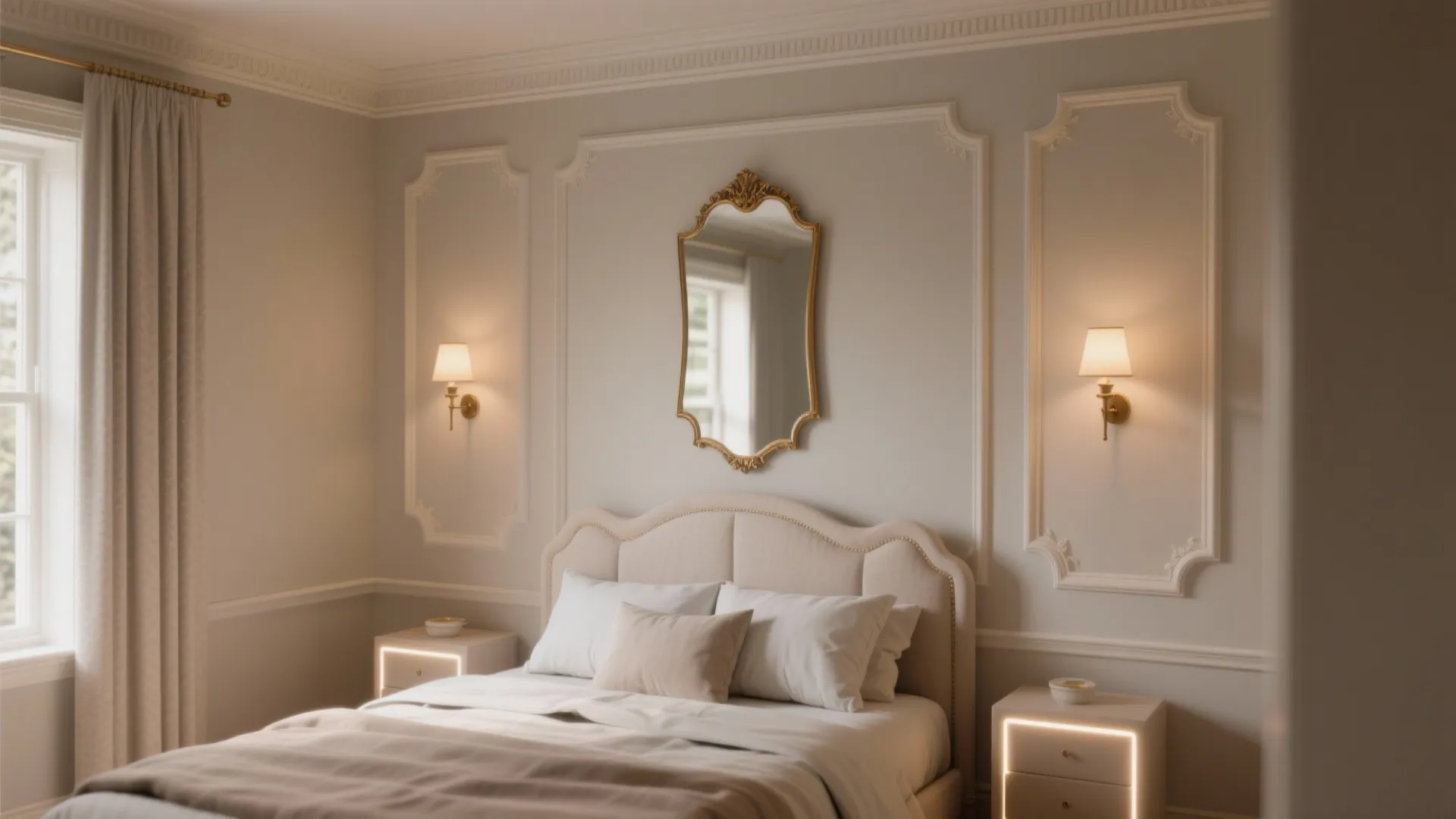 3. Moldings, high mirrors, and soft lighting