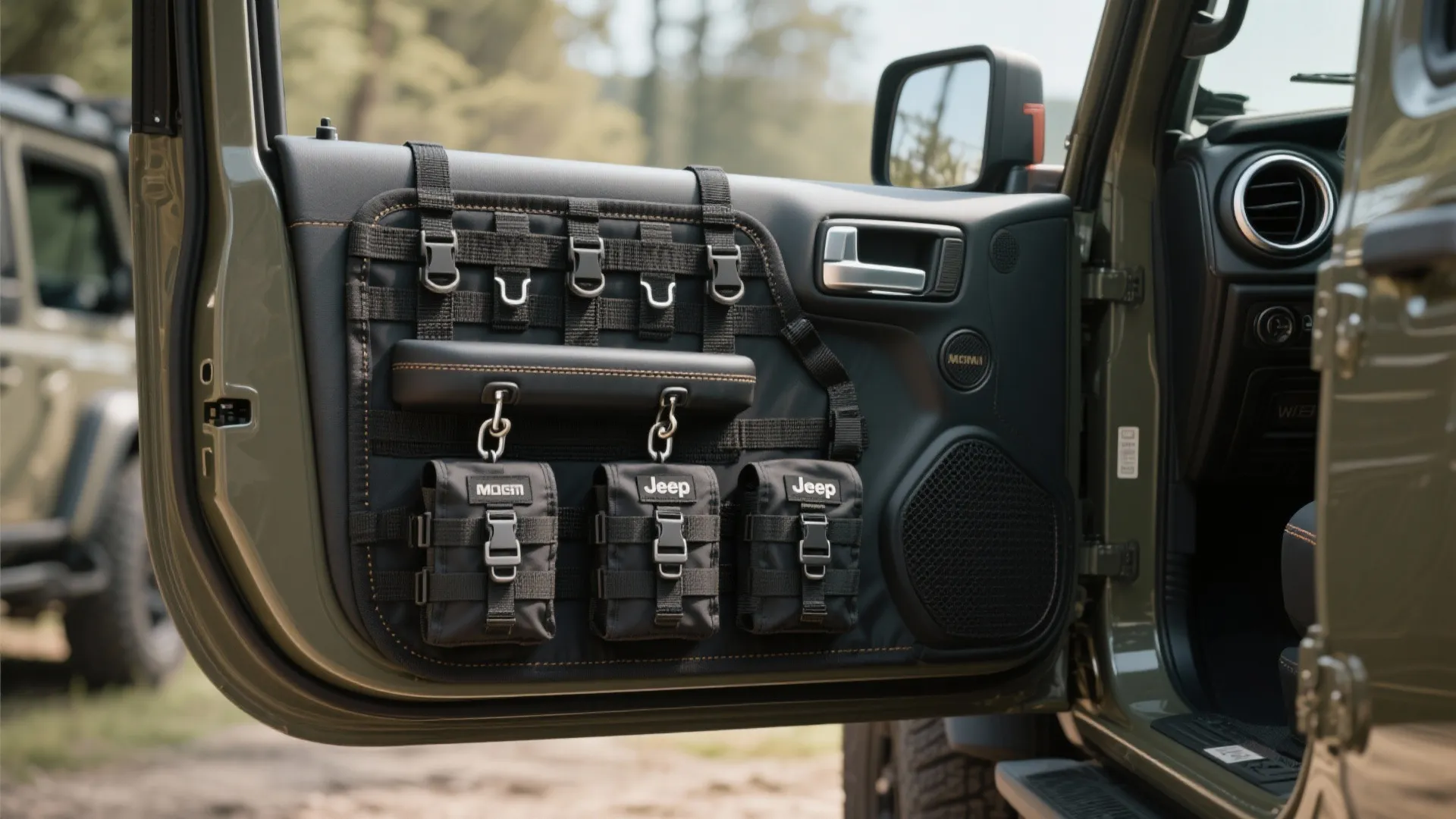 Green car interior door featuring a black storage panel with small bags and hanging hooks