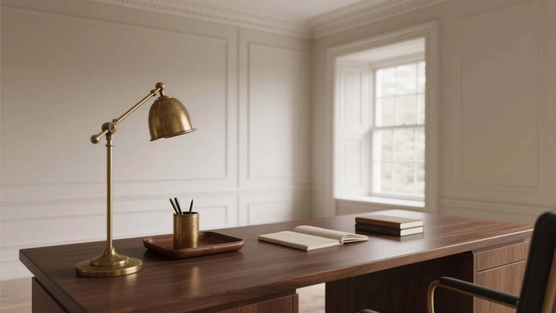 Wooden desk in minimalist study room with gold desk lamp, books, and white wall panels