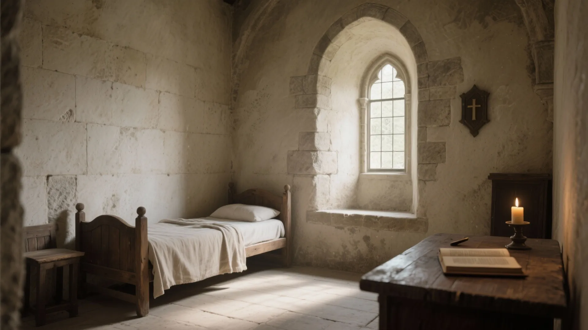 Simple bedroom with stone walls, wooden bed, arched window, wooden desk, candle, and natural light
