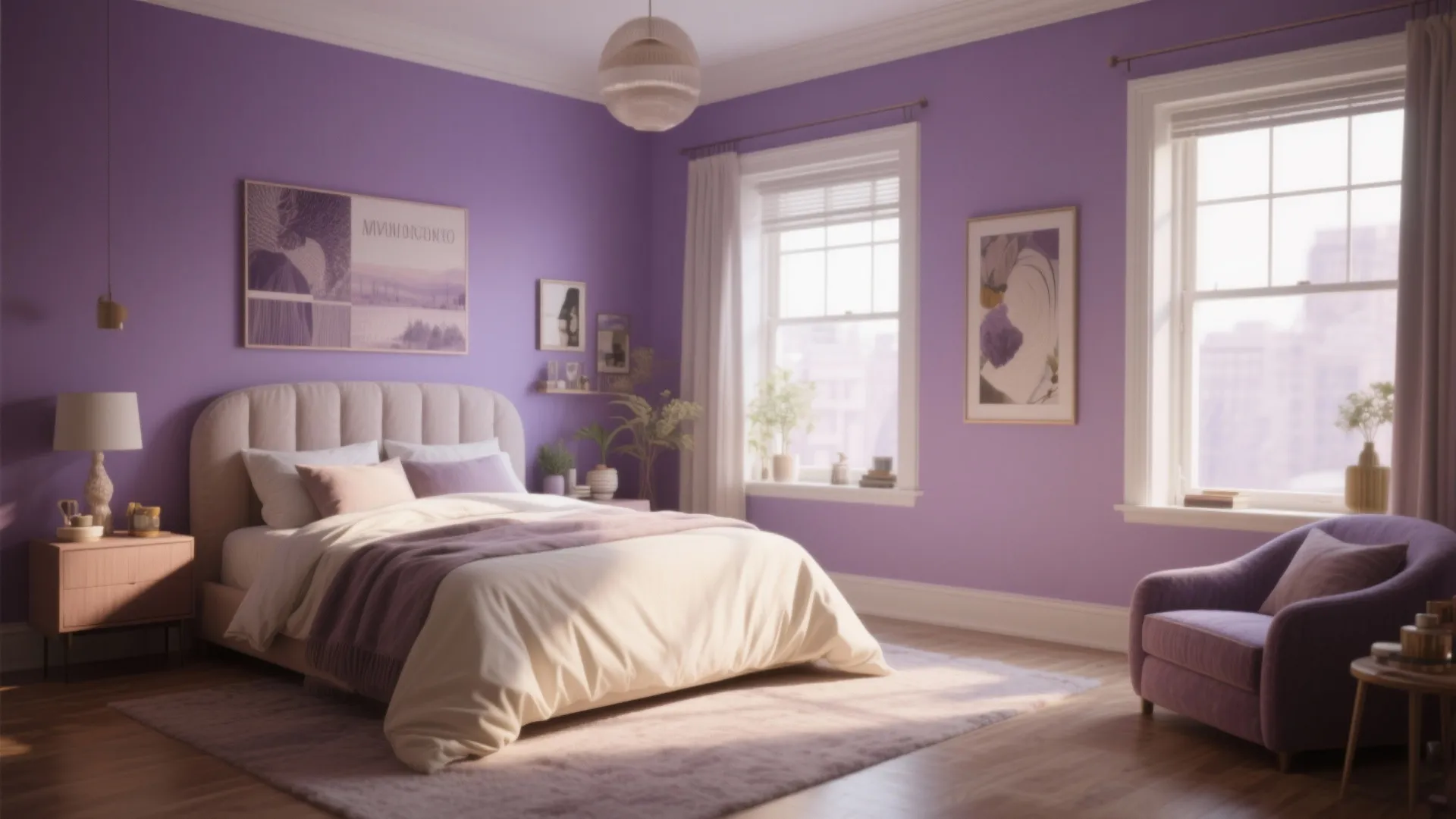 Bedroom with muted purple walls and cream bedding inspired by Monica