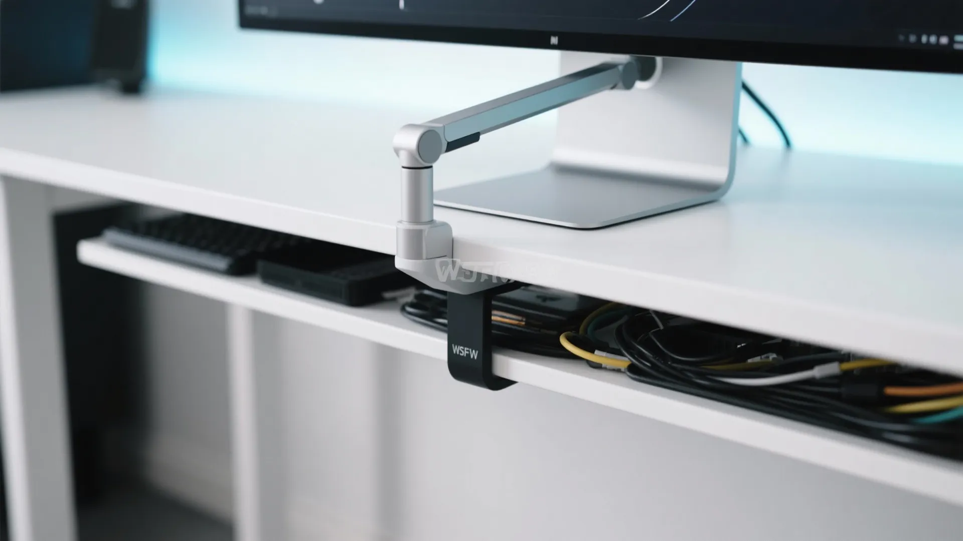 Detail view of monitor arm and hidden cable tray