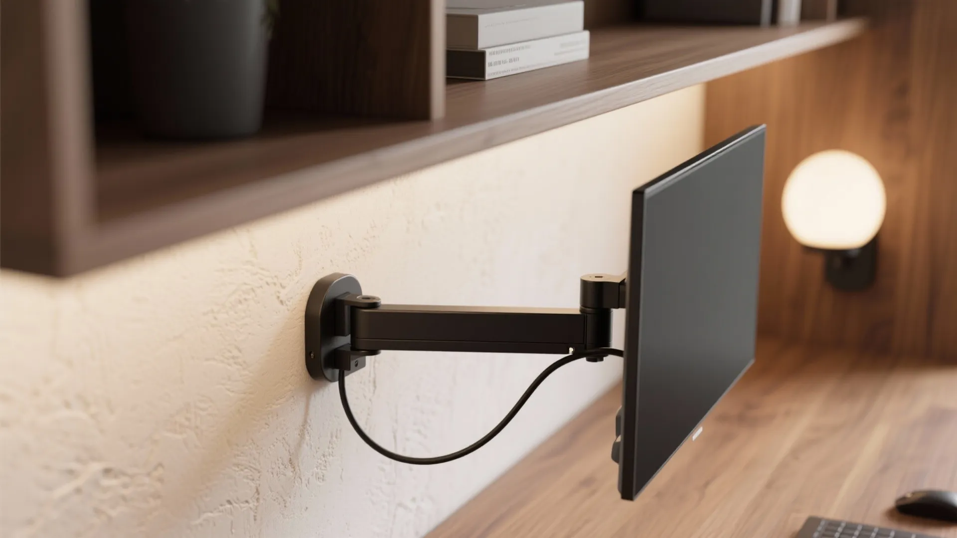 Built-In Niche: Shelves, Sconces, and a Slim Monitor Arm