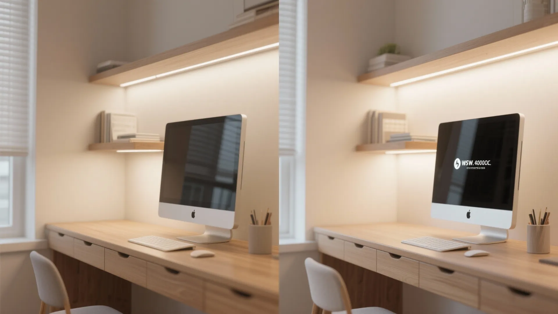 Home office desk with computer and wooden wall shelves featuring bright white light strip illumination