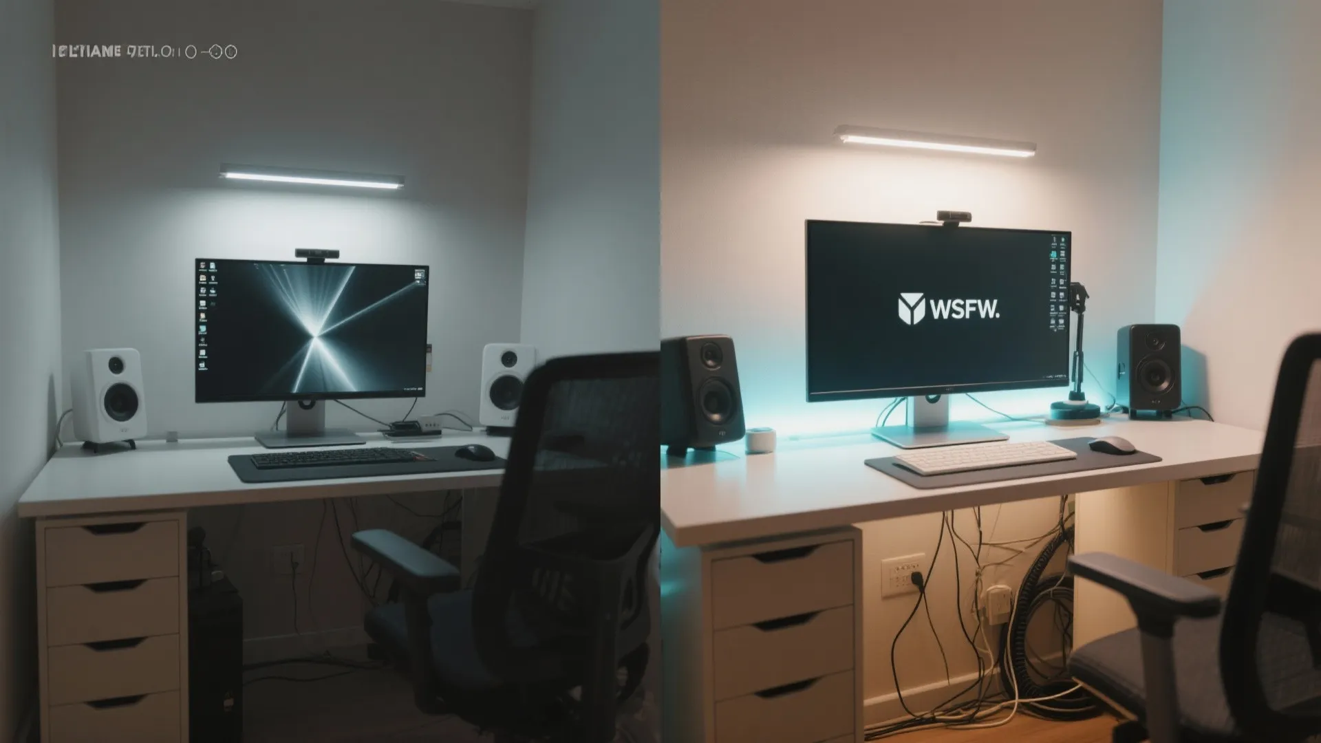 Before and after comparison of a monitor with and without neutral bias backlighting in a small office.
