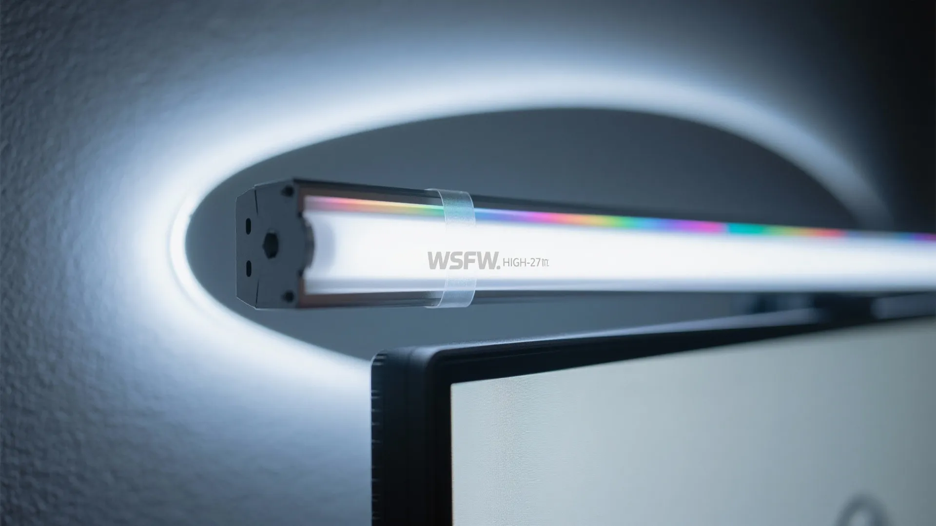 Slim monitor light bar showing bright rainbow colors mounted on top of a black screen