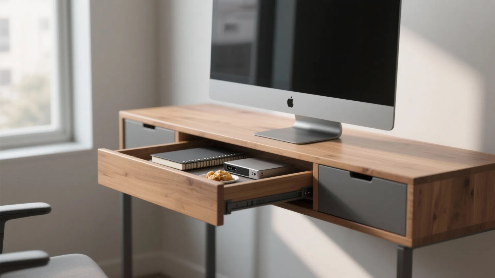 Wooden office desk with computer monitor and an open drawer containing a notebook and device