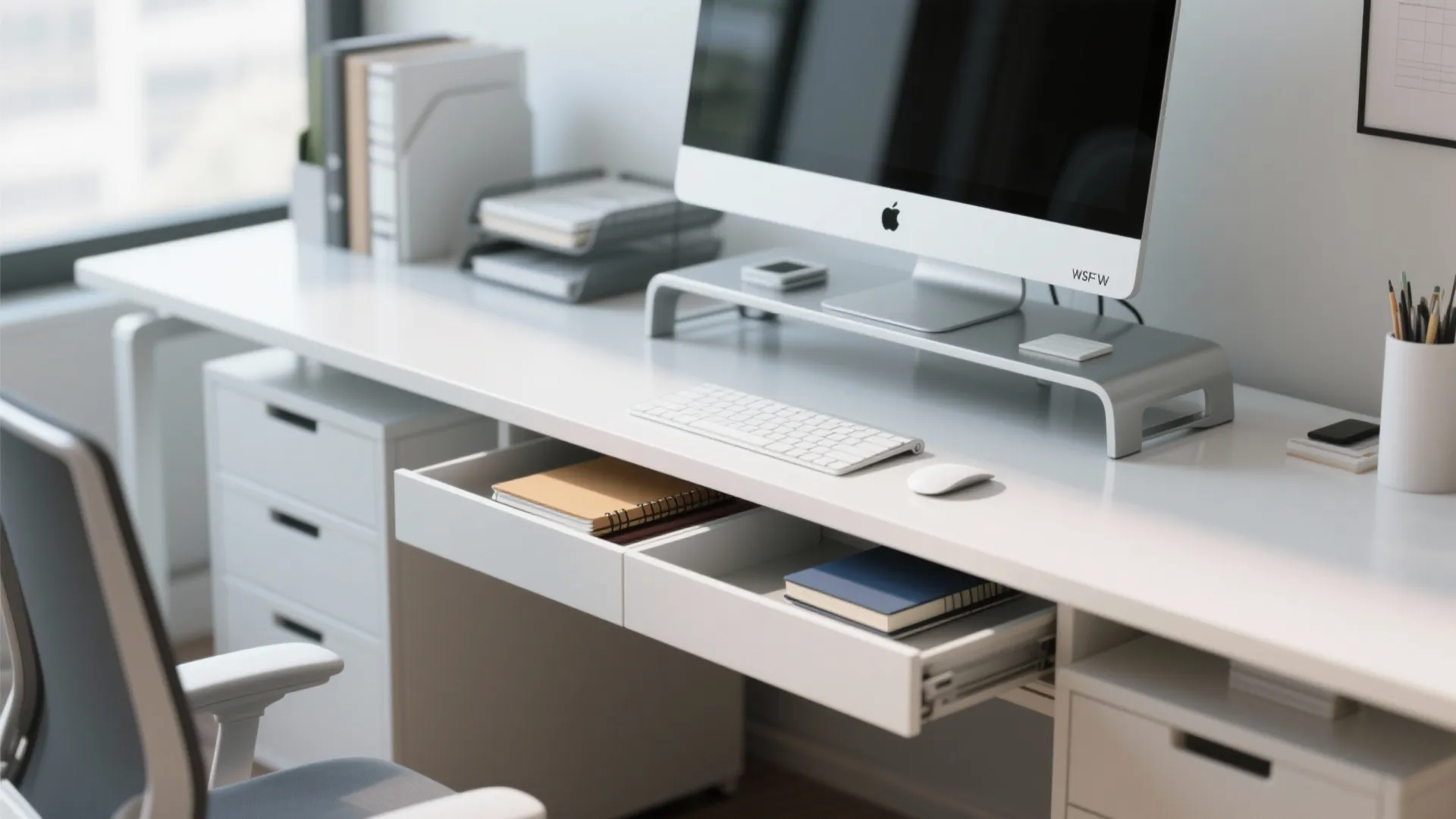 Modern white office desk with computer monitor stand open drawer notebooks keyboard and grey office chair