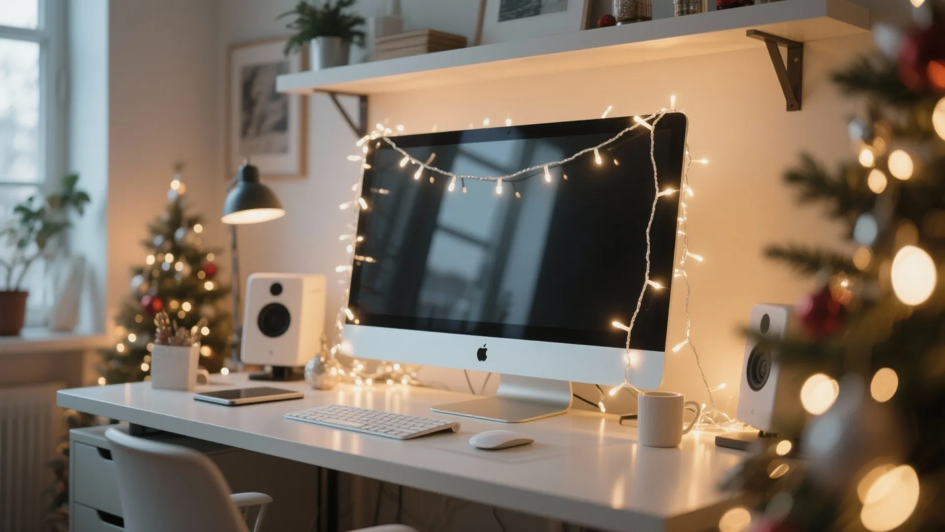 White desk with computer monitor wrapped in string lights next to a small decorated tree