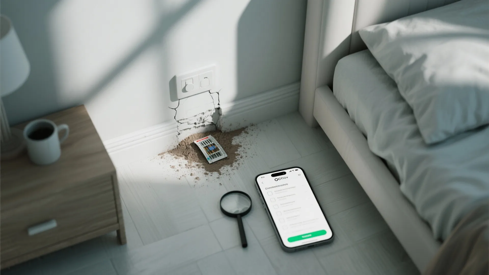 Top-down view of a bedroom corner with a sticky trap, diatomaceous earth in a crack, and a phone showing monitoring notes.